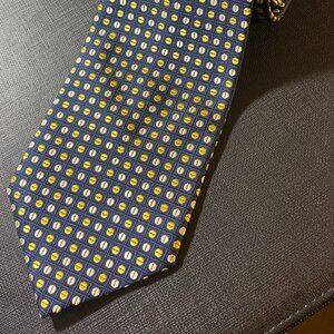 Takeo Kikuchi Necktie - Dark Blue Yellow/Gold Sphere Patter 100% Silk Japan Made